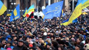 The recent protests in Kiev.  Note the blue and gold flag of Ukraine alongside the blue with gold stars of Europe.
