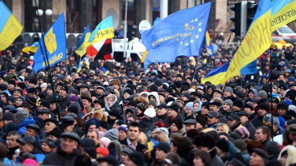 The recent protests in Kiev.  Note the blue and gold flag of Ukraine alongside the blue with gold stars of Europe.