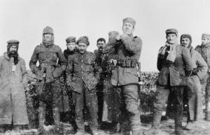German soldiers of the 134th Saxon Regiment and British soldiers of the Royal Warwickshire Regiment meet in no man's land, December 26, 1914.