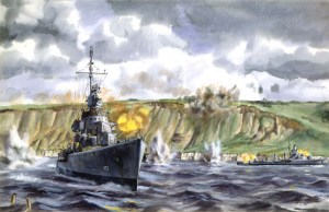 A depiction of the Destroyers, led by the USS Frankford, nearly running aground to supply close support.