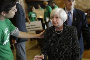Janet Yellen chatting with Ady Barkan of Fed Up!
