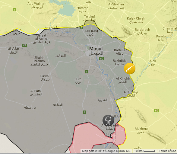 The area around Mosul, from the same map. Note that this is only about 150 km square.