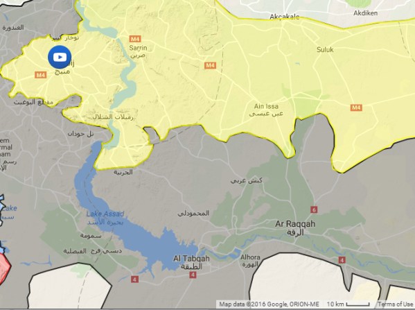 The area around ar-Raqqah, from the same map. Note the scale - this map is about 200km by 150 km