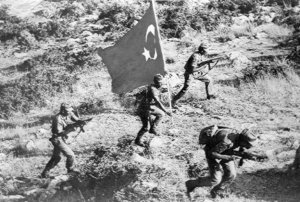 Turkish troops advancing in Cyprus, 1974.